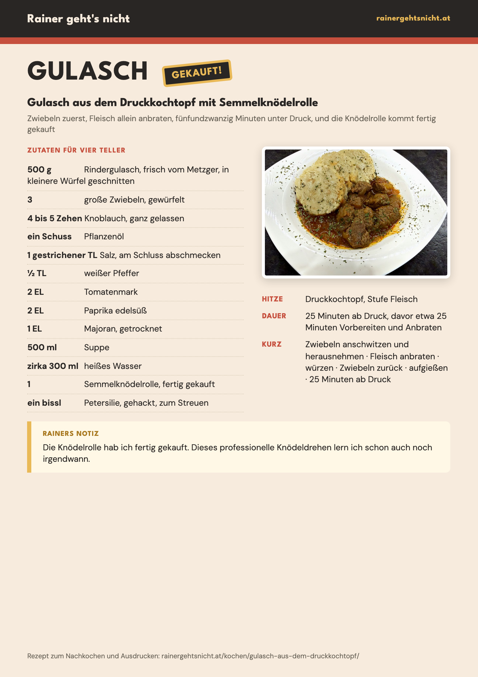 Rezeptkarte Gulasch aus dem Druckkochtopf mit Semmelknödelrolle als Seite im Format A4