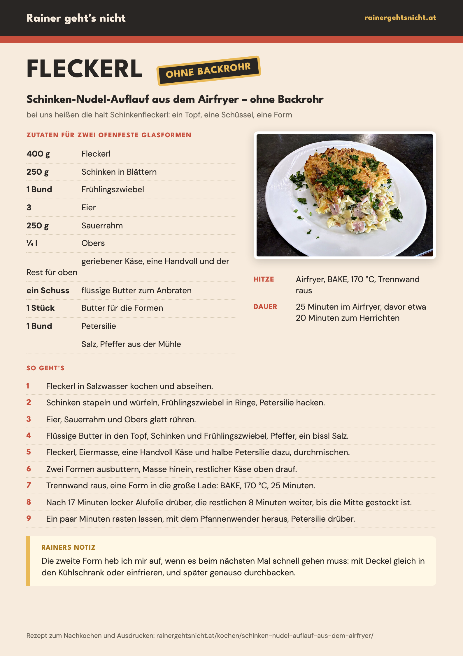 Rezeptkarte Schinken-Nudel-Auflauf aus dem Airfryer – ohne Backrohr als Seite im Format A4